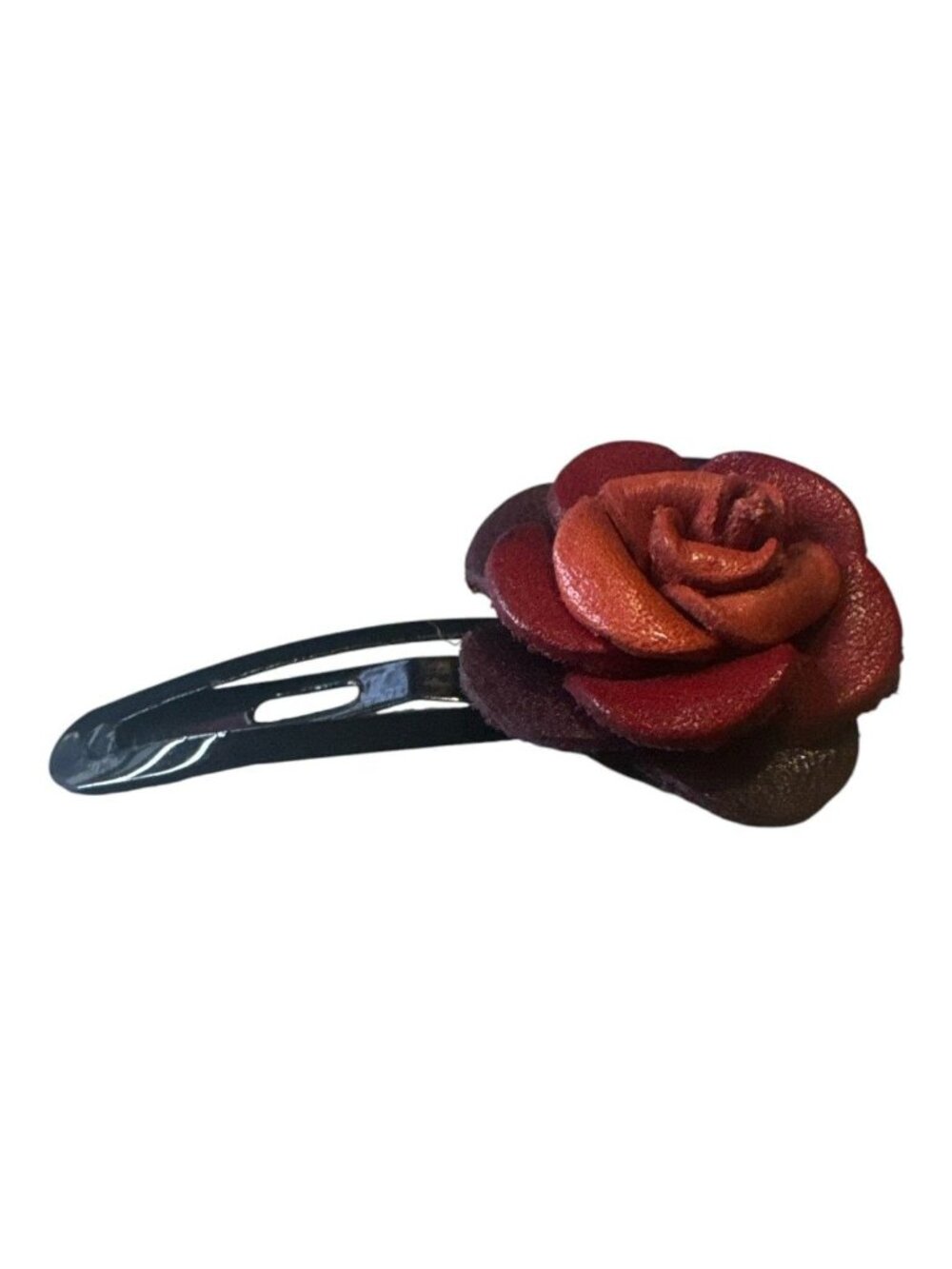 Red & Orange Rose Hair Clip For Women 2 Inches Faux Leather Flower Design Black